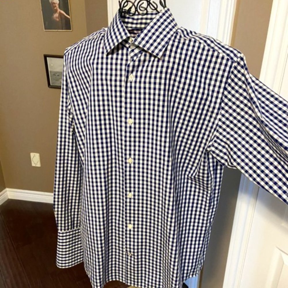 Banana Republic Blue Checked Men's Dress Shirt with French Cuffs Sz XL EUC